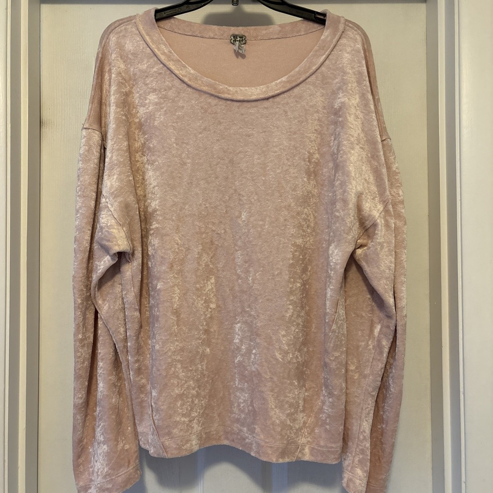 We The Free People Blush Pink Crushed Velvet Velour Long Sleeve Shirt Cozy Large